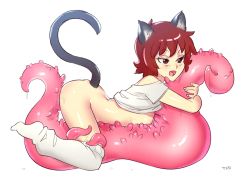 Rule 34 | 1girl, animal ears, bad id, bad tumblr id, bottomless, breasts, brown eyes, brown hair, cat ears, cat tail, clothes lift, consensual tentacles, hug, nathy, optionaltypo, original, shirt lift, short hair, small breasts, solo, tail, tentacles