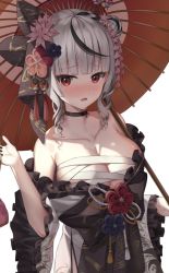 Rule 34 | 1girl, blunt bangs, blush, breasts, budget sarashi, cleavage, frills, hand up, hololive, large breasts, looking at viewer, multicolored hair, nose blush, official alternate costume, oil-paper umbrella, open mouth, red eyes, sakamata chloe, sarashi, short hair, shuvi (shuvi1125), silver hair, simple background, solo, streaked hair, umbrella, virtual youtuber, white background, wide sleeves