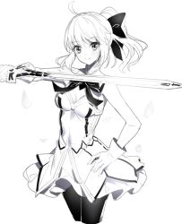 Rule 34 | 1girl, ahoge, artoria pendragon (all), artoria pendragon (fate), bare shoulders, blush, bow, breasts, caliburn (fate), closed mouth, commentary, dress, fate/unlimited codes, fate (series), gloves, greyscale, hair between eyes, hair bow, hand on own hip, holding, holding sword, holding weapon, long hair, looking at viewer, medium breasts, monochrome, outstretched arm, pantyhose, petals, ponytail, ririko (zhuoyandesailaer), saber lily, sidelocks, sleeveless, sleeveless dress, smile, solo, sword, weapon