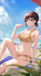Rule 34 | 2girls, bare arms, bare shoulders, beach, bikini, black eyes, black hair, breasts, chainsaw man, cleavage, day, front-tie bikini top, front-tie top, hair ornament, hairclip, hand up, higashiyama kobeni, highres, knee up, looking at viewer, medium breasts, mole, mole under eye, mrr 05, multiple girls, navel, outdoors, power (chainsaw man), short ponytail, side-tie bikini bottom, sitting, solo focus, stomach, swimsuit, thighs, yellow bikini
