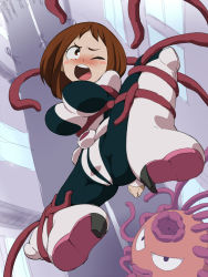 Rule 34 | 10s, 1girl, ;o, arms behind back, blush, blush stickers, bodysuit, boku no hero academia, boots, breasts squeezed together, breasts, brown eyes, brown hair, building, highres, imminent rape, large breasts, monster, one eye closed, open mouth, outdoors, restrained, road, short hair, skin tight, smile, solo, spread legs, street, sweat, teeth, tentacles, uraraka ochako, window