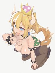 Rule 34 | 1girl, :p, arched back, armlet, blonde hair, blue eyes, bowsette, bracelet, breasts, brown pantyhose, cleavage, collar, crown, earrings, fangs, from above, full body, grey background, hair between eyes, hand on own knee, high heels, horns, jewelry, kneeling, kylin, large breasts, leaning forward, leotard, mario (series), medium hair, nail polish, new super mario bros. u deluxe, nintendo, pantyhose, ponytail, shell, sidelocks, simple background, solo, spiked armlet, spiked bracelet, spiked collar, spikes, super crown, tail, tongue, tongue out, v
