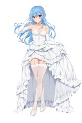 Rule 34 | 1girl, blue eyes, blue hair, blush, breasts, chinese commentary, closed mouth, collarbone, crossed legs, dress, elbow gloves, frilled dress, frills, full body, garter straps, gloves, high heels, highres, hololive, hoshimachi suisei, jewelry, long hair, looking at viewer, medium breasts, necklace, simple background, skirt hold, smile, solo, standing, star (symbol), star in eye, strapless, strapless dress, symbol in eye, terry (pixiv3274443), thighhighs, thighs, virtual youtuber, watson cross, wedding dress, white background, white dress, white footwear, white garter straps, white gloves, white thighhighs, zettai ryouiki