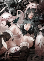 Rule 34 | 1girl, absurdres, apt, bandages, bandage over one eye, black eyes, black footwear, black hair, black nails, boots, breasts, cleavage, crop top, highres, large breasts, looking at viewer, monster, nail polish, open mouth, original, paper, short hair, sitting