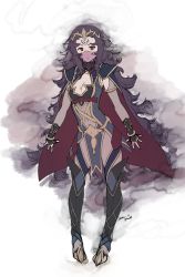Rule 34 | 1girl, armor, black hair, cape, cleavage cutout, clothing cutout, fingerless gloves, fire emblem, fire emblem fates, full body, gloves, greaves, highres, long hair, nintendo, nyx (fire emblem), red eyes, see-through, simple background, solo, standing, tattoo, veil, very long hair, white background