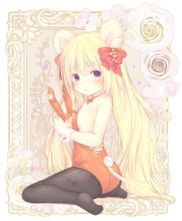 Rule 34 | 1girl, :o, animal ears, bare shoulders, black pantyhose, blonde hair, blush, bow, breasts, commentary request, fake animal ears, full body, hair between eyes, hair bow, hairband, heart, highres, leotard, long hair, looking at viewer, looking to the side, no shoes, original, pantyhose, parted lips, playboy bunny, purple eyes, rabbit ears, rabbit tail, red bow, red hairband, red leotard, shizukawashi sumi, short eyebrows, sitting, small breasts, soles, strapless, strapless leotard, tail, thick eyebrows, twintails, very long hair, wariza, wrist cuffs