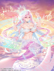 Rule 34 | bandeau, blue eyes, breasts, choker, cleavage, colored inner hair, hair between eyes, hat, highres, jewelry, large breasts, long hair, looking at viewer, mermaid, monster girl, multicolored hair, navel, necklace, obiwan, pearl necklace, pink hair, see-through, smile, solo, sunset, two-tone hair, water, watermark, wrist cuffs, z/x