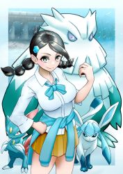 Rule 34 | 1girl, abomasnow, bow, breasts, candice (pokemon), clothes around waist, creatures (company), crossed arms, game freak, gen 2 pokemon, gen 4 pokemon, glaceon, hand on own hip, highres, holding, holding poke ball, miniskirt, nabe puyo, nintendo, poke ball, poke ball (basic), pokemon, pokemon (creature), pokemon dppt, skirt, smile, sneasel, snow, twintails
