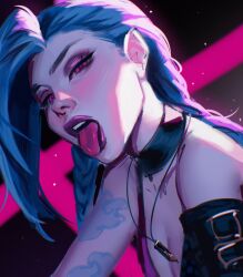 Rule 34 | 1girl, arm tattoo, asymmetrical bangs, bare shoulders, blue hair, braid, breasts, cleavage, cloud tattoo, half-closed eyes, highres, jinx (league of legends), league of legends, multicolored background, pink eyes, pink lips, small breasts, solo, tattoo, teeth, tongue, tongue out, twin braids, upper body, vatheja