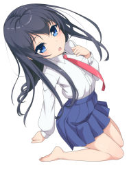 Rule 34 | 1girl, bare shoulders, black hair, blue eyes, full body, kimagure blue, long hair, looking at viewer, necktie, original, parted lips, pleated skirt, simple background, skirt, solo, white background