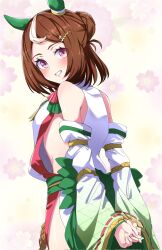 Rule 34 | 1girl, animal ears, arms behind back, bare shoulders, blush, breasts, brown hair, detached sleeves, dress, ear covers, floral background, grin, hair bun, hair ornament, hairclip, highres, horse ears, looking at viewer, looking back, multicolored hair, nerukichikatafukuma, own hands together, pink eyes, sash, short hair, sleeveless, sleeveless dress, small breasts, smile, solo, streaked hair, tsurumaru tsuyoshi (a smile sent from heaven) (umamusume), tsurumaru tsuyoshi (umamusume), umamusume, upper body, white dress