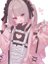 Rule 34 | 1girl, :d, absurdres, black skirt, blunt bangs, blush, cleavage cutout, clothing cutout, fangs, frilled shirt collar, frills, grey hair, twirling hair, hamunama, heart, heart cutout, highres, hood, hooded jacket, jacket, long hair, long sleeves, looking at viewer, maid headdress, makaino ririmu, makaino ririmu (5th costume), multicolored hair, nijisanji, official alternate costume, open mouth, overalls, pinching sleeves, pink hair, red eyes, simple background, skirt, sleeves past wrists, smile, smug, solo, streaked hair, twintails, upper body, virtual youtuber, white background