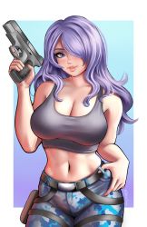 Rule 34 | 1girl, absurdres, belt, breasts, camilla (fire emblem), camouflage, camouflage pants, cleavage, commission, cosplay, crop top, crossover, fire emblem, fire emblem fates, gun, hair over one eye, highres, holding, holding gun, holding weapon, jackary, lara croft, lara croft (cosplay), large breasts, lips, midriff, navel, nintendo, pants, purple hair, solo, tank top, tomb raider, weapon, wide hips