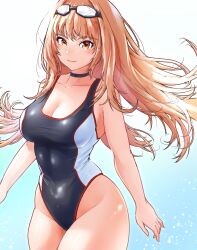 Rule 34 | 1girl, black choker, black one-piece swimsuit, breasts, choker, cleavage, closed mouth, competition swimsuit, covered navel, curvy, goddess of victory: nikke, goggles, goggles on head, highleg, highleg swimsuit, highres, large breasts, light blush, light brown hair, long hair, multicolored clothes, multicolored swimsuit, official alternate costume, one-piece swimsuit, orange eyes, rapi (classic vacation) (nikke), rapi (nikke), shiny skin, smile, solo, swimsuit, white one-piece swimsuit, wide hips, zeke (dhzu2422)