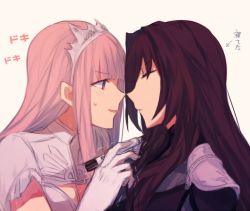 Rule 34 | 2girls, aoki shizumi, bad id, bad pixiv id, blush, breasts, cleavage, closed eyes, face-to-face, fate/grand order, fate (series), from side, gloves, long hair, marker, medb (fate), medb (fate), multiple girls, open mouth, partially translated, pink hair, profile, purple hair, scathach (fate), scathach (fate), short sleeves, sidelocks, sleeping, tiara, translation request, trembling, white gloves, yellow eyes, yuri
