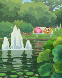Rule 34 | bench, black headwear, blush stickers, book, day, forest, glasses, hat, highres, holding, holding book, kirby, kirby (series), lake, leaf, miclot, nature, nintendo, no humans, outdoors, pink footwear, shoes, tree, waddle dee, water, yellow footwear