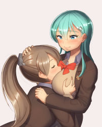 Rule 34 | 2girls, aqua eyes, aqua hair, between breasts, blazer, bow, bowtie, grabbing another&#039;s breast, breast smother, breasts, brown hair, brown jacket, closed eyes, face to breasts, grabbing, hair between eyes, hair ornament, hairclip, head between breasts, high ponytail, hug, jacket, kantai collection, kumano (kancolle), large breasts, long hair, long sleeves, maku ro, multiple girls, open clothes, open jacket, ponytail, red bow, red neckwear, school uniform, simple background, smile, suzuya (kancolle), upper body, yuri