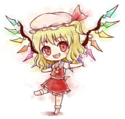 Rule 34 | 1girl, ascot, back bow, blonde hair, blush, bow, flandre scarlet, frilled shirt collar, frilled skirt, frilled sleeves, frills, full body, happy, hat, hat ribbon, hayate (pixiv5970090), head tilt, looking at viewer, medium hair, multicolored wings, open mouth, puffy short sleeves, puffy sleeves, red eyes, red ribbon, red skirt, red vest, ribbon, shirt, short sleeves, simple background, skirt, solo, standing, standing on one leg, teeth, touhou, upper teeth only, vest, white background, white hat, white shirt, wings, yellow ascot