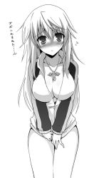 Rule 34 | 10s, 1girl, :&lt;, blush, breasts, c.r., charlotte dunois, cleavage, covering privates, covering crotch, greyscale, infinite stratos, jacket, jewelry, long hair, monochrome, naked jacket, necklace, no pants, open clothes, open shirt, shirt, solo, track jacket, translated, zipper