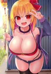 Rule 34 | 1girl, alternate breast size, alternate costume, blonde hair, breasts, chiroshiron, cleavage, commentary, hair ribbon, highres, large breasts, micro shorts, red eyes, red ribbon, ribbon, rumia, short hair, shorts, solo, thighhighs, touhou, v