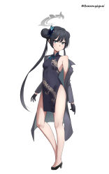 Rule 34 | 1girl, absurdres, baozouyeguai, black dress, black footwear, black hair, blue archive, breasts, butterfly hair ornament, china dress, chinese clothes, double bun, dragon print, dress, full body, grey eyes, grey halo, grey jacket, hair bun, hair ornament, halo, highres, jacket, kisaki (blue archive), looking at viewer, print dress, shoes, simple background, sleeveless, sleeveless dress, small breasts, solo, standing, striped clothes, striped jacket, thighs, twintails, vertical-striped clothes, vertical-striped jacket, white background
