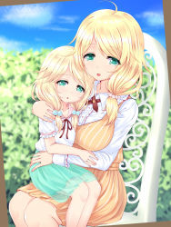 Rule 34 | 10s, 2girls, ahoge, aqua eyes, blonde hair, breasts, commentary request, dress, hair ornament, highres, idolmaster, idolmaster cinderella girls, large breasts, long hair, long sleeves, looking at viewer, low twintails, mother and daughter, multiple girls, aged up, open mouth, short sleeves, sitting, sitting on lap, sitting on person, twintails, u2 (5798239), yusa kozue