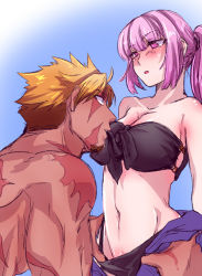Rule 34 | 1boy, 1girl, alternate hairstyle, beowulf (fate), bikini, bikini pull, black bikini, blonde hair, blue background, blush, breasts, cleavage, clothes pull, fate/grand order, fate (series), florence nightingale (fate), front-tie bikini top, front-tie top, hetero, large breasts, long hair, looking at another, mijinko (83nabe), mouth hold, muscular, navel, partially visible vulva, pink eyes, pink hair, ponytail, scar, shiny skin, simple background, sketch, swimsuit, tan, topless male, undressing, waist grab