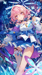 Rule 34 | 1girl, arrow (projectile), black choker, blue jacket, blue skirt, bow (weapon), breasts, buttons, choker, collarbone, collared shirt, flower, flower ornament, gradient eyes, halo, halter shirt, halterneck, hieihirai, highres, holding, holding arrow, holding bow (weapon), holding weapon, honkai: star rail, honkai (series), ice shard, jacket, march 7th (honkai: star rail), medium breasts, medium hair, midriff peek, multicolored eyes, pink hair, shirt, skirt, solo, thigh strap, thighs, tied jacket, two-tone eyes, weapon, white sleeves