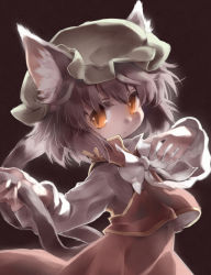 Rule 34 | 1girl, animal ears, backlighting, black background, black hair, cat ears, cat tail, chen, commentary request, expressionless, hand on own chest, hat, holding, holding with tail, long sleeves, looking at viewer, mob cap, multiple tails, nekoguruma, orange eyes, prehensile tail, ribbon, short hair, simple background, skirt, skirt set, solo, tail, touhou, two tails, white ribbon