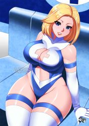 Rule 34 | 1girl, animification, artist logo, blonde hair, blue eyes, blue leotard, boots, breasts, cleavage, cleavage cutout, clothing cutout, curvy, deviantart username, earrings, elbow gloves, facebook username, fantastic four, female focus, gloves, highleg, highleg leotard, highres, jadenkaiba, jewelry, large breasts, leotard, lips, lipstick, long hair, looking at viewer, makeup, marvel, navel, official alternate costume, patreon username, red lips, shiny skin, sitting, smile, solo, sue storm, thick thighs, thigh boots, thighhighs, thighlet, thighs, thong leotard, watermark, web address, white gloves, white thighhighs, wide hips