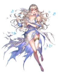 Rule 34 | 1girl, barefoot, breasts, bug, butterfly, cleavage, corrin (female) (fire emblem), corrin (fire emblem), dress, feet, female focus, fire emblem, fire emblem fates, fire emblem heroes, full body, highres, insect, long hair, medium breasts, nintendo, official art, open mouth, red eyes, sencha (senchat), silver hair, single thighhigh, solo, thighhighs, toes, torn clothes, torn thighhighs, transparent background, white thighhighs