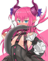 Rule 34 | 10s, 1girl, artist request, blush, breasts, elizabeth bathory (fate), elizabeth bathory (fate/extra ccc), elizabeth bathory (first ascension) (fate), fate/extra, fate/extra ccc, fate (series), hair between eyes, holding, holding with tail, horns, looking at viewer, pointy ears, prehensile tail, simple background, small breasts, solo, tail