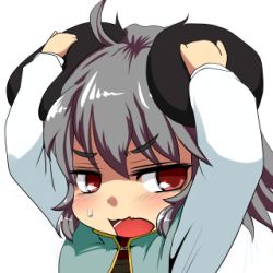 Rule 34 | 1girl, animal ears, arms up, blush, female focus, grey hair, hands on own head, ishikkoro, lowres, mouse ears, nazrin, open mouth, red eyes, short hair, simple background, solo, touhou, white background