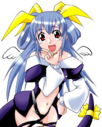 Rule 34 | 1girl, :d, arc system works, blue hair, blush, cowboy shot, dizzy (guilty gear), guilty gear, hair ribbon, hand on own hip, index finger raised, leaning forward, long hair, long sleeves, looking at viewer, navel, open mouth, red eyes, ribbon, simple background, smile, solo, tail, very long hair, white background, wings