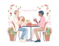 Rule 34 | 2boys, black footwear, black hair, blue pants, bombyoon, brown hair, brown pants, burger, cake, chair, closed eyes, collared shirt, cup, dark-skinned male, dark skin, dating, disposable cup, dungeon meshi, eating, english text, facing another, flower, food, french fries, full body, hand up, hashtag-only commentary, highres, holding, holding burger, holding cup, holding food, kabru, laios touden, light brown hair, looking at another, male focus, mcdonald&#039;s, mug, multiple boys, open mouth, pants, pink flower, pink rose, pink shirt, pink theme, plant, potted plant, red flower, red rose, red shirt, rose, shirt, shoes, short hair, short sleeves, simple background, sitting, sneakers, striped clothes, striped shirt, table, too much food, undercut, very short hair, white footwear, white shirt, yaoi