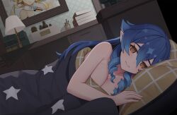 Rule 34 | 1girl, areola slip, blanket, blue hair, blush, book, book stack, bottle, breasts, brown eyes, cleavage, closed mouth, commentary, covering privates, desk, drawer, drill hair, drill sidelocks, dutch angle, egert, genshin impact, hair between eyes, hair flaps, head on pillow, highres, indoors, lamp, large breasts, layla (genshin impact), long hair, looking at viewer, lumine (genshin impact), lying, nude, nude cover, on side, picture frame, pillow, pointy ears, portrait (object), sidelocks, smile, solo, star (symbol), star print