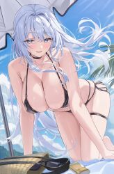 Rule 34 | 1girl, all fours, bag, bare arms, bare legs, bare shoulders, beach umbrella, bikini, black bikini, blue eyes, blue hair, breasts, cleavage, day, floating hair, halterneck, highres, large breasts, long hair, looking at viewer, lotion bottle, multi-strapped bikini, navel, o-ring, o-ring bikini, o-ring top, open mouth, original, outdoors, sg (satoumogumogu), side-tie bikini bottom, skindentation, smile, solo, stomach, string bikini, swimsuit, thigh strap, thighs, umbrella, very long hair, wet, white hair