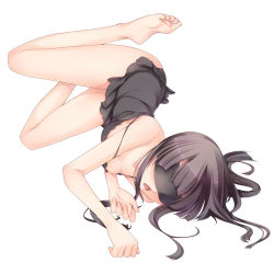 Rule 34 | 1girl, ass, bad id, bad pixiv id, bare legs, barefoot, binzoko megane (san-inch), black hair, blindfold, breasts, camisole, feet, full body, long hair, lying, on side, open mouth, original, plantar flexion, simple background, small breasts, solo, thighs, white background