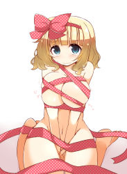 Rule 34 | 1girl, 3:, blonde hair, blue eyes, blush, breasts squeezed together, breasts, cleavage, covering privates, covering crotch, curvy, female focus, frown, gift wrapping, hair ribbon, highres, large breasts, looking at viewer, naked ribbon, navel, polka dot, ribbon, saionji usagi, shirogane (platinum), short hair, shy, simple background, sitting, solo, sweatdrop, taimadou gakuen 35 shiken shoutai, tareme, v arms, wariza, wide hips