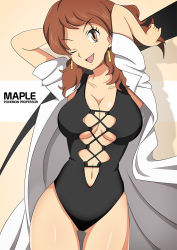 Rule 34 | 1girl, ;d, breasts, brown eyes, brown hair, character name, cleavage, creatures (company), english text, game freak, lab coat, large breasts, looking at viewer, navel, nintendo, one eye closed, open mouth, original, pokemon, smile, solo, tagme, vivivoovoo, wink