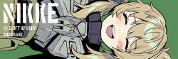 Rule 34 | 1girl, ame arare, ammunition, armor, bandolier, blonde hair, blush, closed eyes, commentary request, company name, copyright name, english text, goddess of victory: nikke, green background, jewelry, long hair, necklace, open mouth, pinne (nikke), short ponytail, sidelocks, smile, solo, teeth, twitter username, upper body, upper teeth only