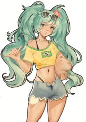 Rule 34 | 1girl, absurdres, alexamaned, alternate costume, animal, aqua eyes, aqua hair, bare shoulders, bead choker, bikini, bikini under clothes, black outline, bra strap, bracelet, brazil, brazilian flag, brazilian miku, capybara, cowboy shot, crop top, denim, denim shorts, earrings, eyewear on head, flower, grin, hair flower, hair ornament, hatsune miku, hibiscus, highres, holding, holding animal, jewelry, long hair, looking at viewer, navel, off-shoulder shirt, off shoulder, open clothes, open shorts, outline, shaka sign, shirt, short sleeves, shorts, simple background, smile, solo, standing, sunglasses, swimsuit, twintails, vocaloid, wavy hair, white background