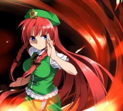 Rule 34 | 1girl, b.k., blue eyes, bow, braid, chinese clothes, female focus, fighting stance, hair bow, hat, hong meiling, ichikura (bk), immaterial and missing power, long hair, red hair, serious, side braid, solo, touhou, twin braids, twintails