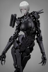 Rule 34 | 1girl, android, armor, blunt bangs, breasts, closed mouth, grey background, highres, jittsu, large breasts, looking at viewer, mecha musume, mechanical arms, mechanical parts, original, science fiction, short hair, simple background, solo, white hair, yellow eyes