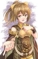 Rule 34 | 1girl, armor, bracelet, breastplate, brown cape, brown eyes, brown hair, brown skirt, cape, delthea (fire emblem), fang, fingernails, fire emblem, fire emblem echoes: shadows of valentia, fuussu (21-kazin), hand on own chest, jewelry, long fingernails, looking at viewer, nintendo, outstretched hand, ponytail, skirt