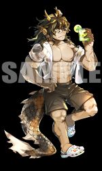 Rule 34 | 1boy, abs, acrylic stand, alternate muscle size, arknights, bara, bare shoulders, black background, black male swimwear, bulge, cup, dragon boy, dragon tail, fins, fish boy, full body, furry, furry male, head fins, highres, holding, holding cup, jitome, large pectorals, lee (arknights), long hair, looking ahead, male focus, male swimwear, muscular, muscular male, navel, nipples, off shoulder, open clothes, open shirt, pectorals, ppyong, round eyewear, sample watermark, see-through, shirt, smile, solo, stomach, sweat, swim trunks, tail, very sweaty, watermark, wet, wet clothes, wet shirt