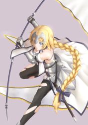 Rule 34 | 1girl, bare shoulders, black thighhighs, blonde hair, blue eyes, braid, breasts, chain, collarbone, enchuu, fate/apocrypha, fate (series), flower, grey background, headphones, headpiece, highres, jeanne d&#039;arc (fate), jeanne d&#039;arc (ruler) (fate), jeanne d&#039;arc (third ascension) (fate), lily (flower), long braid, open mouth, single braid, solo, thighhighs, torn clothes, torn thighhighs