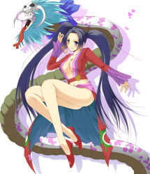 Rule 34 | 1girl, alternate hairstyle, amazon lily, amazon warrior, black eyes, black hair, blush, boa hancock, breasts, cleavage, earrings, female focus, forked tongue, horns, jewelry, large breasts, legs, long hair, long legs, long sleeves, navel, one piece, salome (one piece), shoes, skull, snake, tamo (tamokuteki kuukan), thighs, tongue, twintails, very long hair