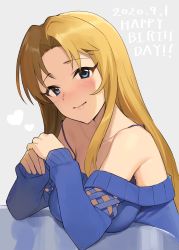 Rule 34 | 1girl, 2020, absurdres, black bra, blonde hair, blue eyes, blue sweater, blush, bra, breasts, closed mouth, collarbone, dated, eyelashes, grey background, hair intakes, happy birthday, highres, idolmaster, idolmaster cinderella girls, large breasts, leaning forward, long hair, long sleeves, looking at viewer, matsumoto sarina, off-shoulder sweater, off shoulder, onao, sitting, smile, solo, straight hair, sweater, underwear, upper body, very long hair