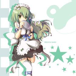 Rule 34 | 1girl, alternate costume, apron, covering face, covering own mouth, covering privates, enmaided, female focus, garter straps, green hair, highres, kochiya sanae, kuroneko (fragrant olive), maid, maid apron, maid headdress, snake, solo, star (symbol), thighhighs, touhou, yellow eyes